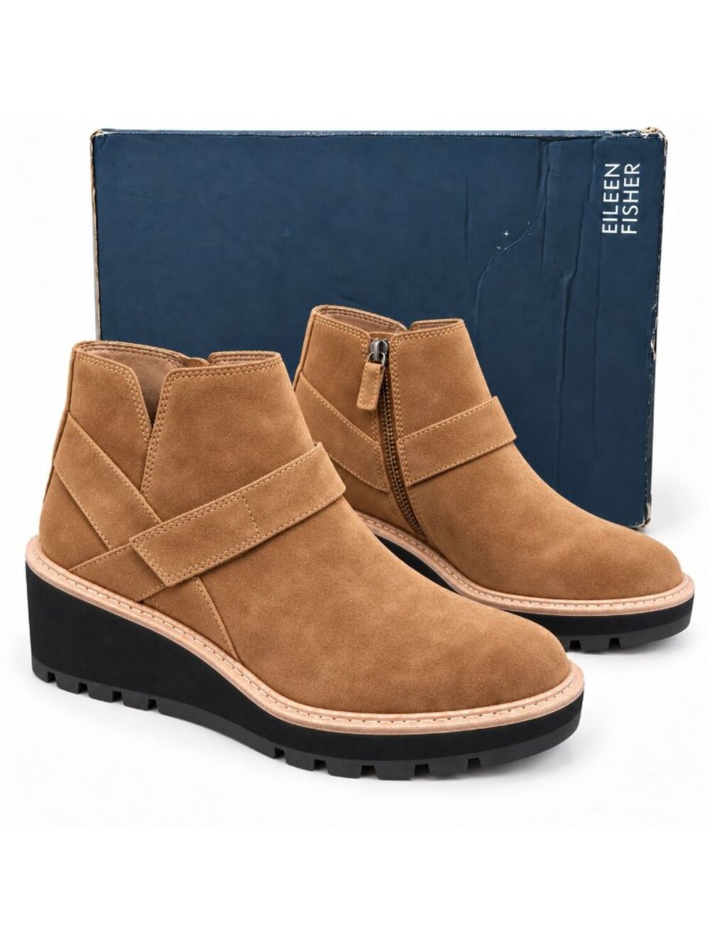 Eileen Fisher Cargo Suede Leather Wedge Ankle Boots Womens 7 Savana Brown